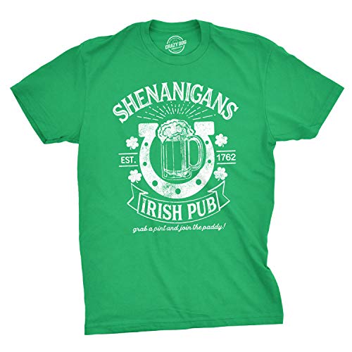 Mens Shenanigans Irish Pub T Shirt Funny Saint Patricks Day St Cool Drinking Tee Funny T Shirts Saint Patrick's Day Apparel for Men Cool Drinking Short Green L