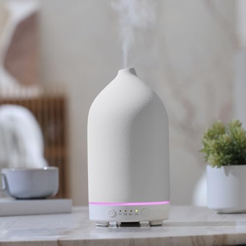 200ML Ceramic Diffuser,Aromatherapy Diffuser,Essential Oil Diffuser with 7 Color Lights Auto Shut Off for Home Office Room, White Base (1/3/6/ON hrs Working time)