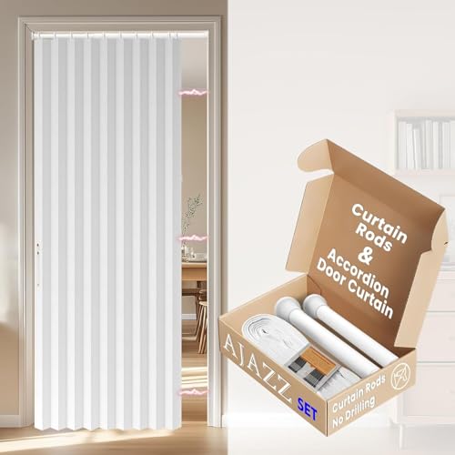 Image of AJAZZ Blackout Magnetic Door Curtain with Curtain Rods Adjustable 28-39 inch Long Patio Door for Bedroom Living Room Accordion Doorway Curtain Sets (1 Pack, 44 W x 78 L, White)