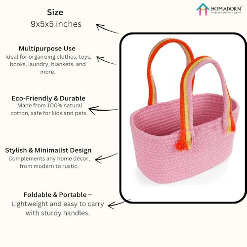Image of HOMADORN Cotton Storage Basket with Sturdy Handles - Foldable, Durable, and Stylish Organizer for Toys, Clothes,Gifting and Home Essentials (PINK)