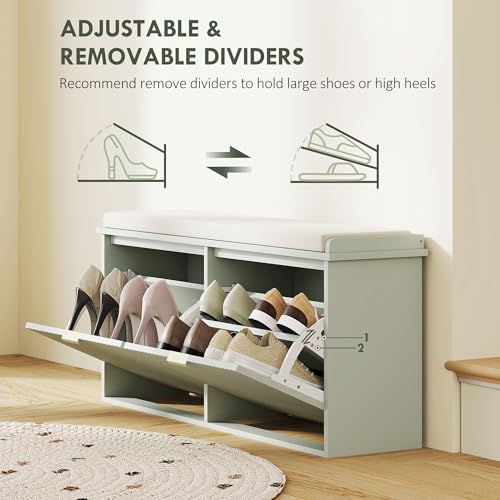 HOMCOM Shoe Bench with Padded Seat Cushion and Flip-Drawer, Shoe Cabinet Holds up to 240kg for Hallway, Entryway and Porch, 104x26x47.5cm, Green - Image 5