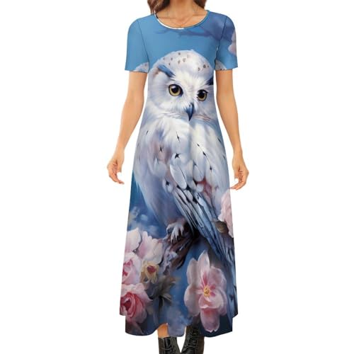 Owl Women's Summer Casual Short Sleeve Maxi Dress Crew Neck Printed Long Dresses L