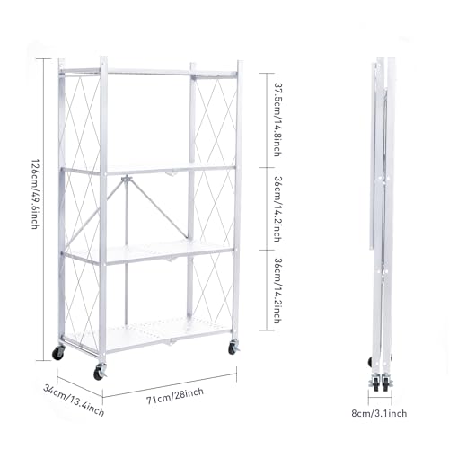 Image of BRIAN & DANY 4-Tier Foldable Storage Shelves with Wheels, Folding Metal Rack Shelving Unit, Heavy Duty No Assembly Organizer Shelf for Garage, Kitchen, Pantry, White