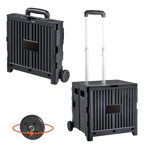 Foldable Utility Cart, Portable Collapsible Rolling Crate with Durable Heavy Duty Telescoping Handle and 2 Wheels, Teachers Tote Basket for Travel Shopping Office, 80 lbs Load Capacity, Black
