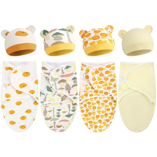 Image of Buryeah 4 Pack Preemie Swaddle Blanket Wrap Set with Hat for Baby Boys Girls 3-7 Lbs Preemie Newborn Clothes Sleepers Cap