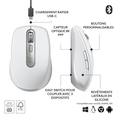 Logitech MX Anywhere 3S Souris Sans Fil Silencieuse, Compacte, Défilement Rapide, Suivi toute Surface en 8K DPI, Boutons Programmables, USB C, Bluetooth, Windows PC, Linux, Chrome, Mac - Pale Grey