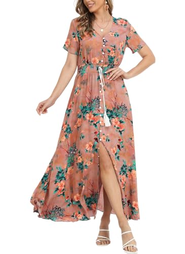 Image of VintageClothing Women's Floral Maxi Dresses Boho Button Up Split Summer Casual Long Dress Beach Party Dress