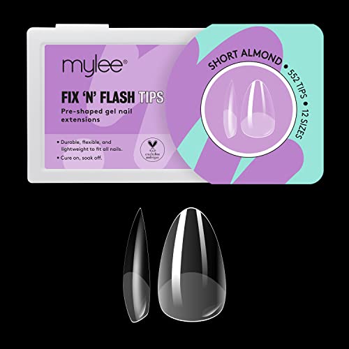Mylee Fix N Flash Soft Gel Tips - Short Almond - 552 PCS Full Cover Soft Gel Nail Tips Nail Art Extensions Flexible & Resistant 12 Different Sizes Fit All Nails