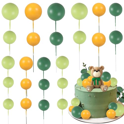 Gyufise 30Pcs Ball Cupcake Toppers Balls Cake Toppes Foam Balls Cupcake Picks DIY Mini Balloon Cake Inset Topper for Baby Shower Birthday Party Decorations Supplies Blackish Green Grass Green Yellow