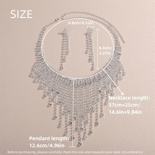 YERTTER Sparkle Silver Full Tennis Rhinestone Fringe Chain Adjustable Collar Luxury Tassel Crystal Statement Clavicle Choker Necklace for Wedding Women (Silver 3)4