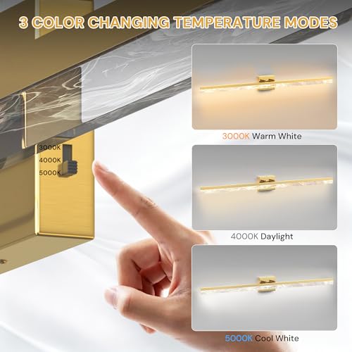 Image of L LOHAS LED 48-Inch Bathroom Vanity Light Bar Over Mirror, Gold Modern Bathroom Light Fixtures with Marble Acrylic Shade, 3CCT Adjustable LED Vanity Lights for Living Room Wall