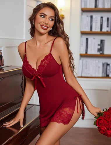 Avidlove Women Lingerie Lace Modal V Neck Sexy Chemise Nightgown Wine Red - image 3