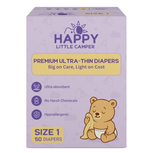 Image of Happy Little Camper Premium Ultra-Thin Diapers, Size 1, <11 lbs, 50 Count | Ultra-Absorbent Disposable Baby Diapers for Sensitive Skin | Hypoallergenic, Fragrance-Free, Totally Chlorine Free