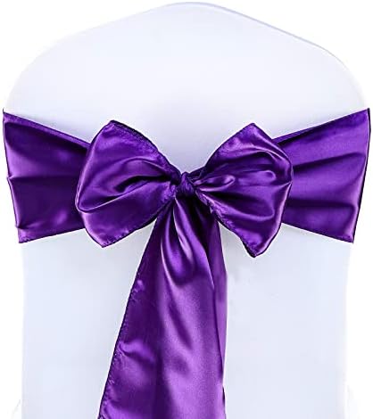 Chanruner White Satin Chair Sashes Ties Chair Ribbon Bows for Wedding Banquet Party (Purple, 50pcs)