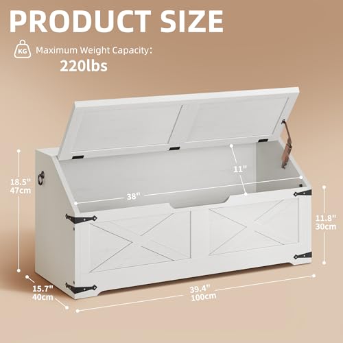 DWVO Storage Bench, Wood Storage Chest with 4 Wheels, 39.4'' Retro Shoe Bench with Safety Hinge, Sloped Design, Utility Organizer for Entryway, Bedroom, Living Room, White