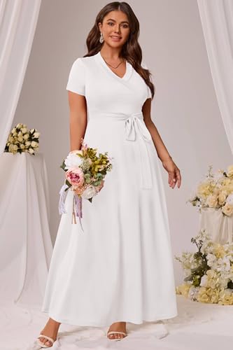 Runwind Women’s Plus Size Maxi Dress Short Sleeve Casusl Summer Long Dress Solid V-Neck Dresses4