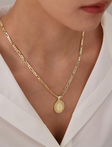 Virgin Mary Necklace for Women, 14K Gold Plated Copper Virgen de Guadalupe Charm Pendant, Valentine Mother's Day Our Lady Blessed Christian Catholic Gifts for Her with Jewelry Box Figaro Chain2