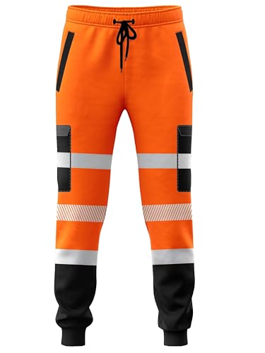 kraftd Mens Hi Vis Viz Work Trousers Jogging Bottoms Reflective Joggers Sweat Pants Safety Joggers High Visibility Combat Trouser Workwear Jogger (Black/Orange L)
