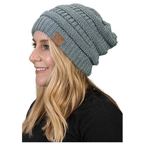 Funky Junque Solid Ribbed Beanie Soft Stretch Cable Knit Slouchy Hat Warm Skull Cap, Dove Grey, Medium Cover