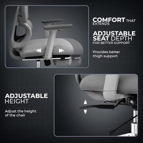 Image of Kepler Brooks Imperia Pro Premium Office Chair for Work | 3-Yr Warranty | Ergonomic Office Chair, Study Chair, 2D Headrest, 3D Arms, Multi Lock Seat Slider with Legrest, Heavy Duty Metal Base (Grey)
