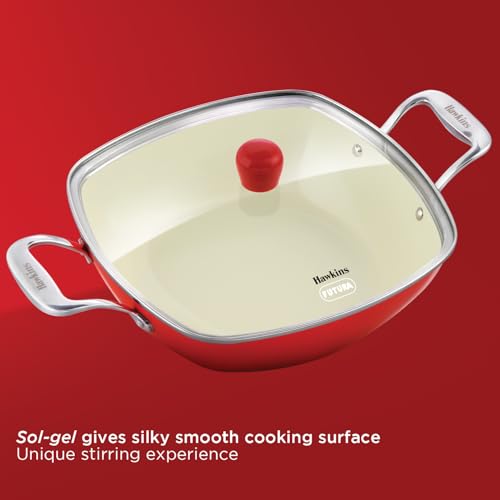 Image of Hawkins 3 Litre Que Cera Cera Kadhai with Glass Lid - Induction & GasSquircle Shape Kadai for Frying | Sauteing & Everyday Cooking | Red (ICQK30G)