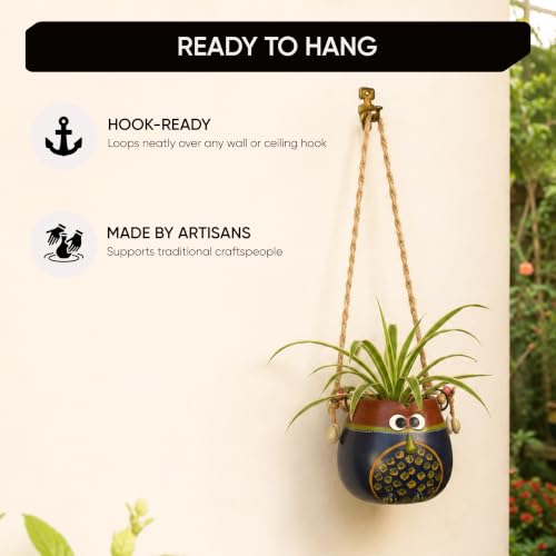 Image of AAKRITI ART CREATIONS Terracotta Hanging Planter | Blue & Brown Earthen Design with Jute Hanger, Modern Art, Matte Finish | Decorative Hanging Pot for Indoor & Outdoor Home Decor