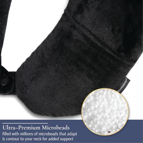Image of Brookstone Travel Pillow - 100% Microbead Comfort Classic Lightweight Ergonomic Fleece Airplane Head and Neck Pillow with Phone Pocket, Black