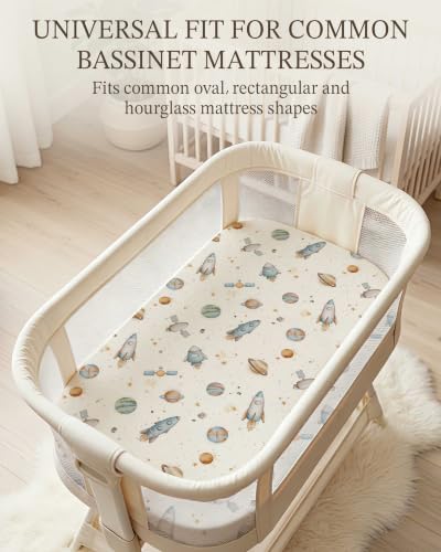 Image of Bassinet Sheets for Baby Girls Boys 2 Pack, Fitted Baby Mattress Sheet for Rectangle, Oval, Hourglass Bassinet Mattress, Breathable Cozy & Universal Fit (Stellar Adventure, Bassinet Sheet)