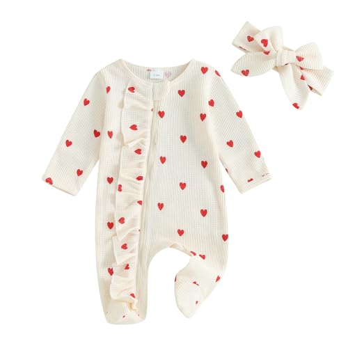 Image of Newborn Baby Girl Valentines Day Outfit Ruffle Heart Long Sleeve Footie Romper Waffle Bodysuit Headband Set