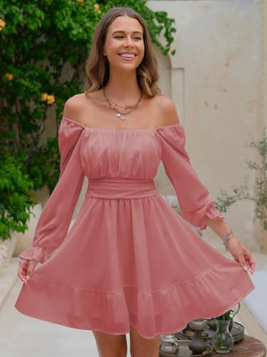 EXLURA Women's 2026 Casual Long Lantern Sleeve Dresses Square Neck Ruffle Tie Back Elastic Waist Aline Short Mini Dress