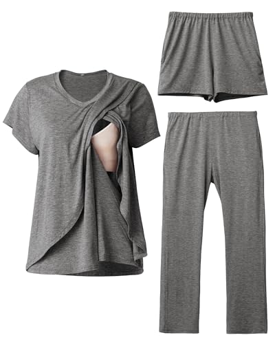 Image of Rnxrbb V Neck Nursing Pajamas Set 3 Pack Postpartum Pjs Breastfeeding Sleepwear for Women Double Layer with Pockets