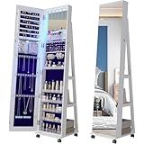 360°回転ジュエリーアルモワール ジュエリー収納付き全身鏡、大容量回転式ジュエリーミラーキャビネット、メイクアップ棚付きスタンド式ジュエリーキャビネットオーガナイザー LEDライト付き 寝室用 クローク用,白1