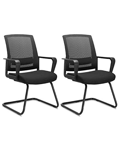 Image of CLATINA Office Guest Chair with Sled Base and Lumbar Support, Ergonomic Mid-Back Mesh Chair Without Wheels, Executive Reception Chair for School Church Conference Wait Room, Black (2 Pack)