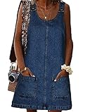 BZB Women's Sleeveless Casual Denim Dress Crewneck Vintage Loose Jean Overall Dress with Pockets Navy Blue