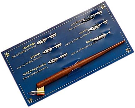 Vintage Wood Manga Calligraphy Dip Pen Holder with 6 Nibs for Lettering Sketching Drawing Kit Fountain Pens Writing Stationery (Color : Brown)