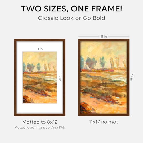 Image of Homeforia 11x17 Brown Picture Frame, High End Dark Oak 11x17 Poster Wood Frame with Mat 8x12 Print, 11 x 17 Wooden Walnut Frame Matted to 8 x 12 Photo, 17x11 Frames, Tempered Glass, Wall Kit, Set of 1