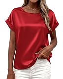 BTFBM Summer Tops for Women 2026 Dressy Satin Blouses Loose Crew Neck Short Sleeve Shirts Work Business Casual Outfits(Red, Medium)