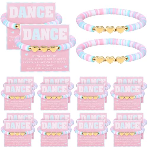 Liliaafar 24 Sets Dance Gifts Bulk Include Pink Blue White Polymer Clay Beaded Bracelet with Greeting Card Dancer Party Favors Team Gifts Recital Jewelry for Women Ballerina Birthday(Inspirational)