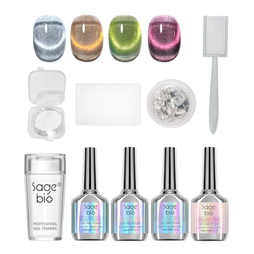 SAGEBIO Cat Eye Gel Nail Polish Set with Strong Magnet Stick, 4 Colors 7.5ml Gel Polish Kit + 1 Box Nail Art Rhinestones + 3PCS Nail Art Stamper Kit Clear Silicone Nail Stamping for DIY Manicure