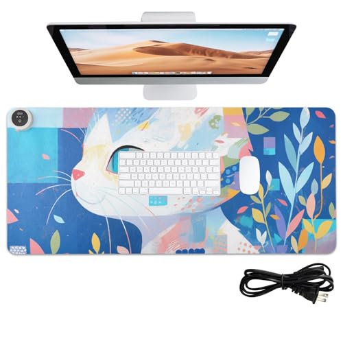 Alfombrilla de ratón de piel con diseño geométrico de gato azul colorido para computadora, 31.5 x 13 pulgadas, antideslizante, para mesa de computadora, accesorios de juegos