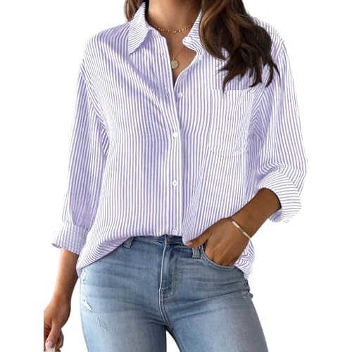 Women's Striped Button-Down Shirt Long-Sleeve Casual Collared Blouses Office Shirt Tops X-Small 00027_light Purple
