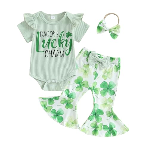 Karuedoo Newborn Baby Girl St Patricks Day Outfit Short Sleeve Daddy's Lucky Charm Romper Clover Flared Pants Headband Set (A-Green, 6-12 Months)
