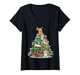 Mujer Perro Árbol de Navidad Divertido Vacaciones Mascotas Luces Humor Camiseta Cuello V