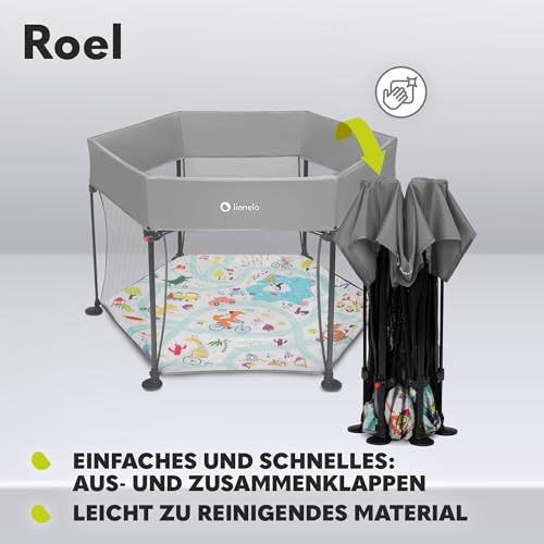 LIONELO Roel Laufstall Baby bis zu 15 kg, Großformat 118 x 118 x 83 cm, sechseckige Form, LockGuard Faltschloss, verstärkte Basis, rutschfeste Fußkappen, Schutztasche (Grau)