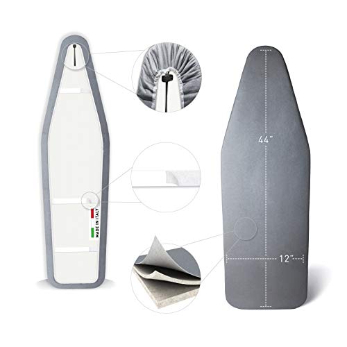 TIVIT Ironing Board Cover 12 x 44 Pro Grip Pad Covers w/3 Fastener Straps & Pull Bungee Cord - Durable Scorch & Stain Resistant Padded Layers, Heat Reflective AlumiTek PRO Top Coat - Made in Italy