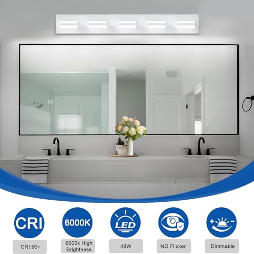 Image of IZORRO LED Modern Bathroom Lights Fixtures(5-Light,Dimmable,360Rotate),Matte White Acrylic Wall Lighting,Vanity Lights for Bathroom Over Mirror - 6000k 30In (No Assembly Required)