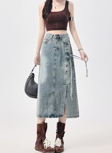 Womens Side Slit Denim Skirt High Waist Straight Tassel Irregular Vintage A-Line Denim Skirts with Pockets3