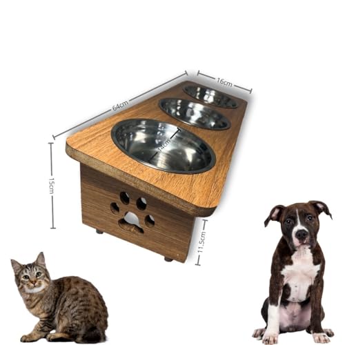 Comedouro Elevado Inclinado Triplo Inox Em Mdf Gato Cachorro (Marrom)