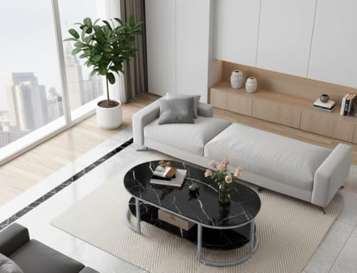 Image of Coffee Tables for Living Room Modern Coffee Table Oval Sofa Table Center Tables for Living Room 2 Tier Side Table Small Apartment Home Furniture Black Gold 2T (Gry Black)