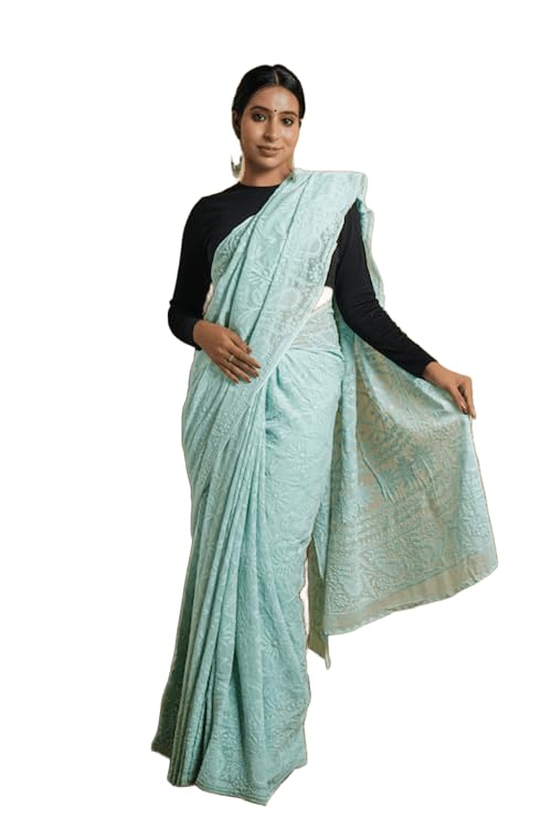 shwet heritage Women Cyan Blue Georgette Chikankari Saree-picture-39